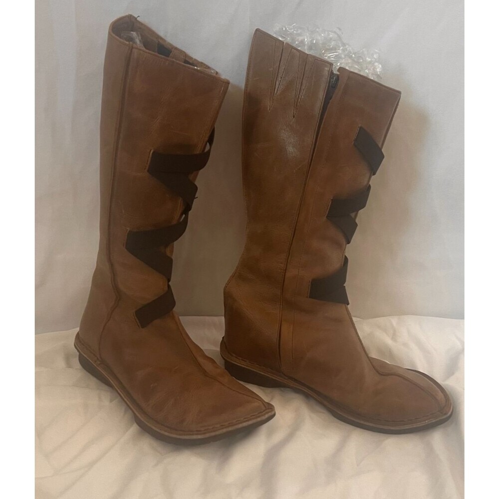 Sergio Tomani Artisanal Tan Leather Tall Boots Ribbon Wrap Accordion Shaft  8.5